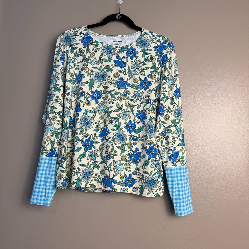 Lands' End Blue and White Floral Blouse with Gingham Cuffs, Large